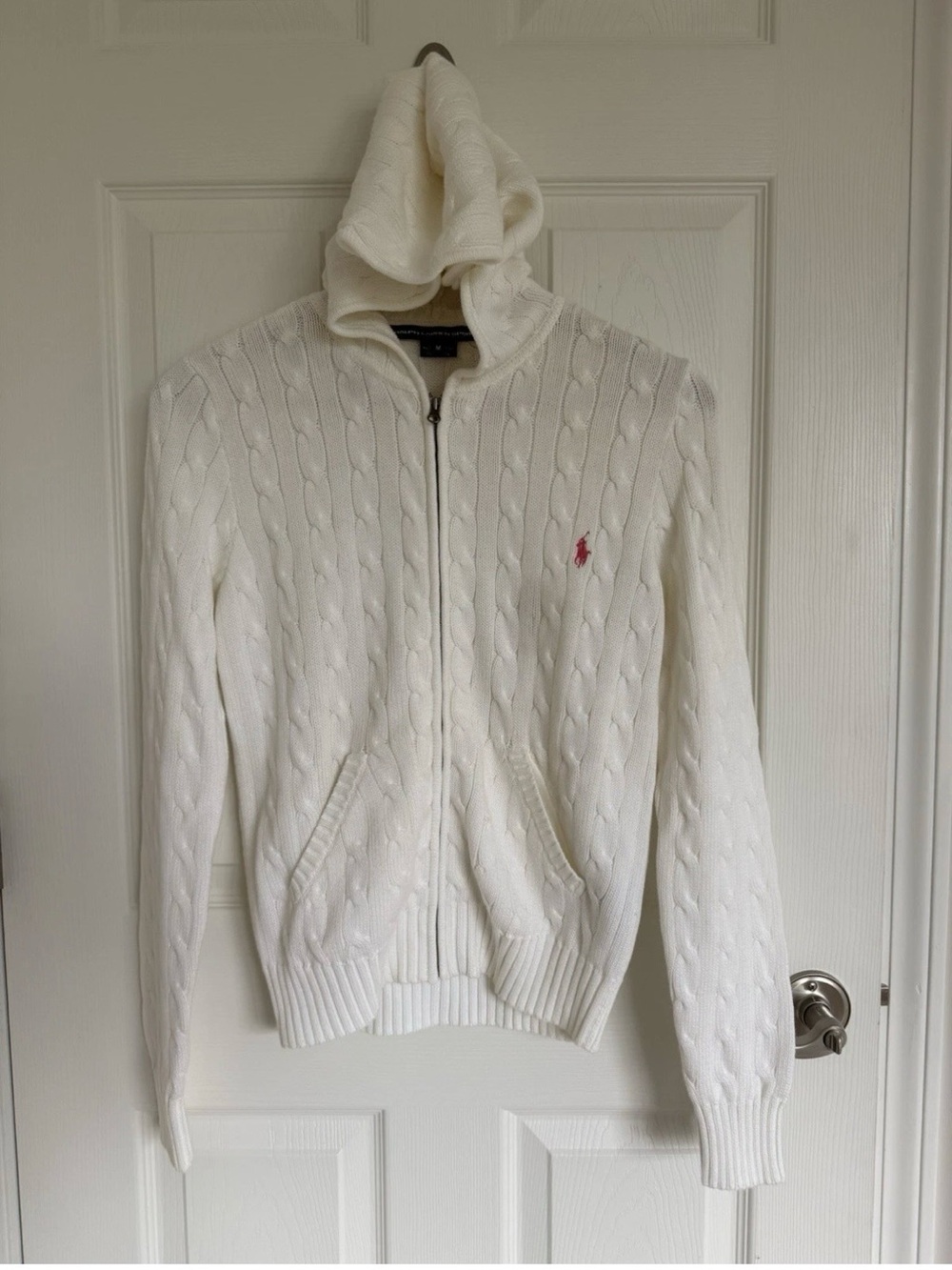 Women’s Ralph Lauren Sport White Cable Knit Hooded Zipperdown Cardigan Size M